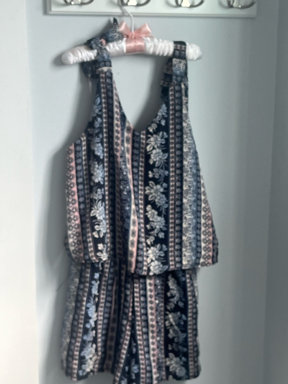 Pinc Premium Navy Romper with Blush and Light Blue Border Print